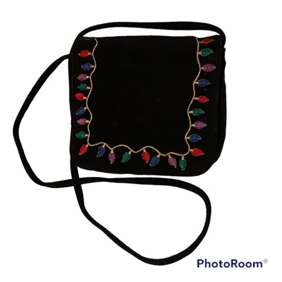 J. RENEE BAG CROSSBODY SHOULDER BLACK SUEDE FLAP EMBROIDERED CHRISTMAS LIGHTS - Picture 1 of 12